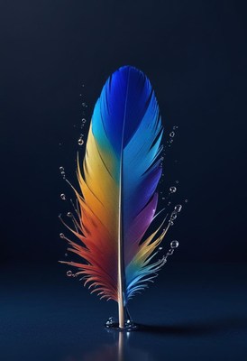Colorful feather splashing in water droplets