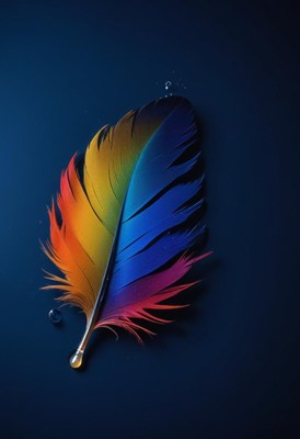 Colorful feather resting on a dark surface