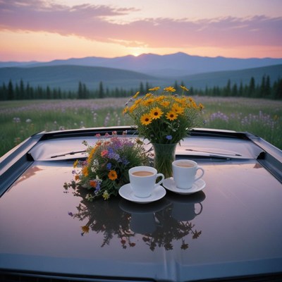 Sunset picnic with flowers and coffee on car hood