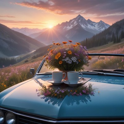 Mountain sunset with flowers and coffee on car hood