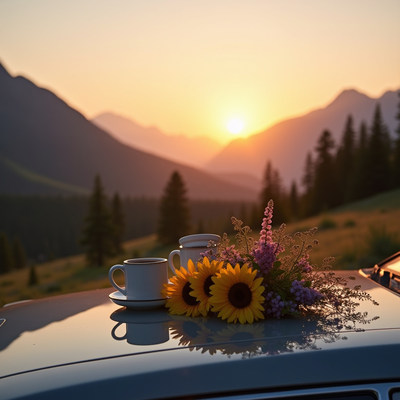 Enjoying coffee and sunflowers at sunset in the mountains