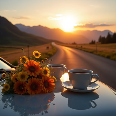 Warm sunrise over cups of coffee by the roadside