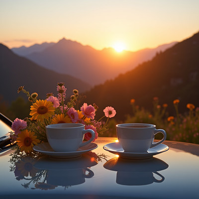 Two cups of coffee at sunset with blooming flowers