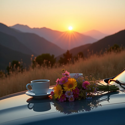 Sunset view with coffee and flowers in peaceful nature