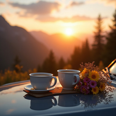 Sunset coffee experience in the mountains with flowers