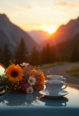 Sunset coffee moment with flowers in mountain landscape