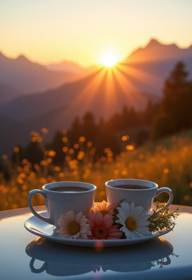 Sunrise coffee with flowers in mountain landscape