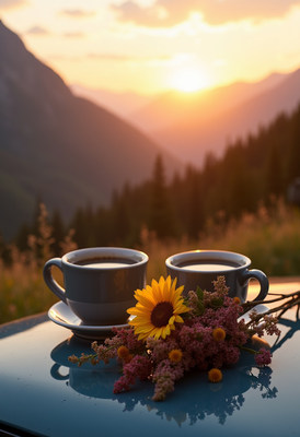 Coffee enjoyed at sunrise in the mountains
