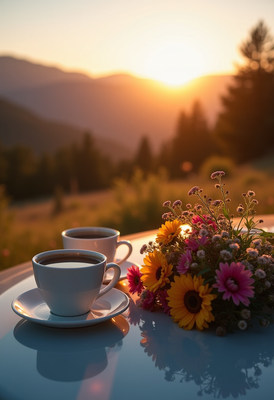 Enjoying coffee and flowers at sunset in the mountains