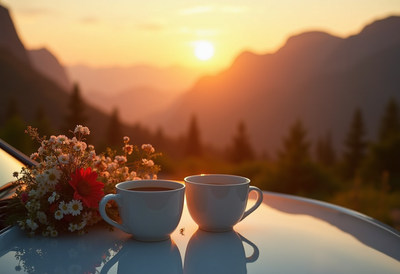 Sunset coffee with flowers in mountain scenery