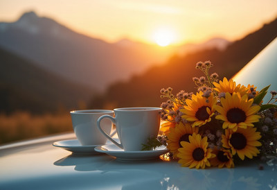 Morning coffee with sunflowers at sunrise in the mountains