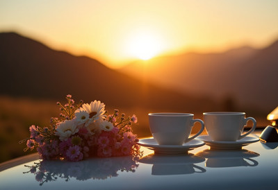 Sunset tea time with flowers in the mountains