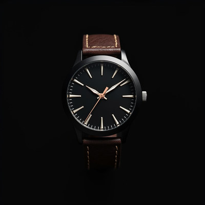 Elegant black watch with brown leather strap displayed