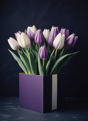 Beautiful purple and white tulips in a box arrangement
