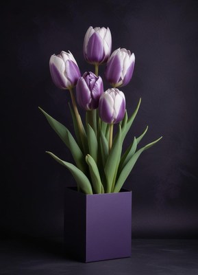 Purple tulips in a square pot create a vibrant display