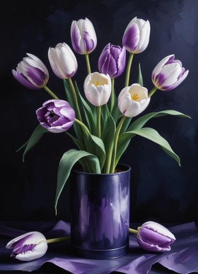 Tulip bouquet in purple vase against dark background