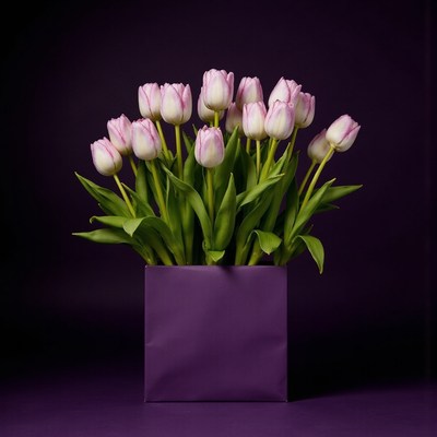 Elegant tulips in a purple box on a dark background