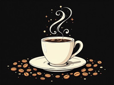 Steamy coffee cup and beans on black background