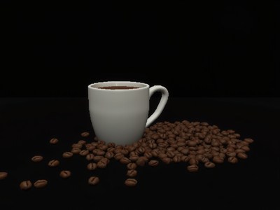 Coffee cup on dark background with spilled beans around