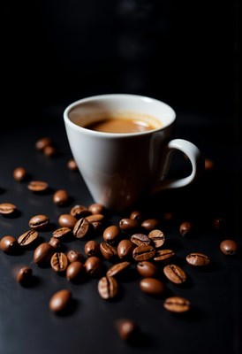 Freshly brewed coffee in a white cup with coffee beans