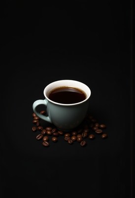 Cup of coffee with coffee beans on a black surface