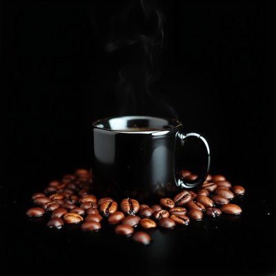 Freshly brewed coffee in a black mug with coffee beans