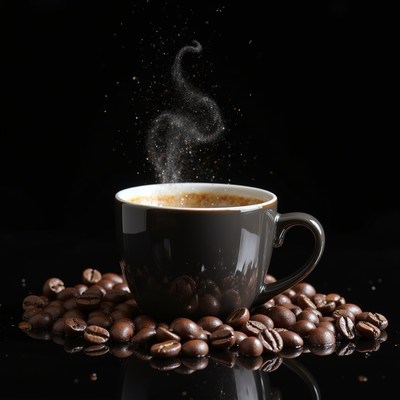 Black coffee cup surrounded by fresh coffee beans