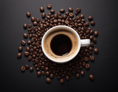 Rich coffee surrounded by roasted beans on dark surface