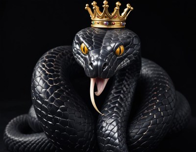 Majestic black snake wearing a golden crown