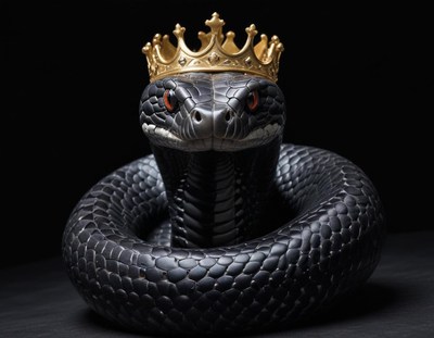 Snake wearing a crown on a dark background