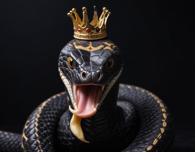 Snake wearing a crown on a dark background
