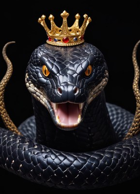 Majestic black snake wearing a crown in dark setting