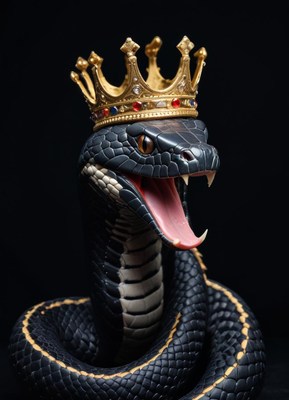 Black snake wearing a golden crown against a dark background