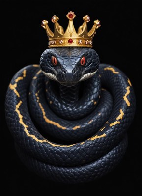 Snake wears golden crown symbolizing power and majesty