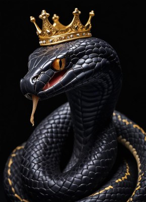 Crowned black snake with golden crown in dramatic pose