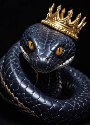 Snake wearing a crown highlighted against dark background