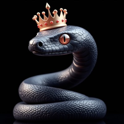 Snake wearing a crown sits proudly on a dark background