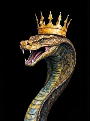 Crowned serpent with intricate details on black background
