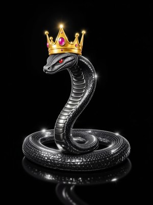 Black snake wearing a golden crown with jewels
