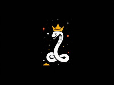 Snake wearing a crown among stars and clouds