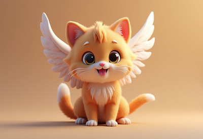 Cute fluffy cat with wings sitting on a soft background