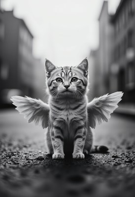 Magical cat with wings in an urban setting at dusk