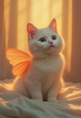 White cat with butterfly wings in warm light setting