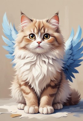 Adorable fluffy cat with angel wings sitting gracefully