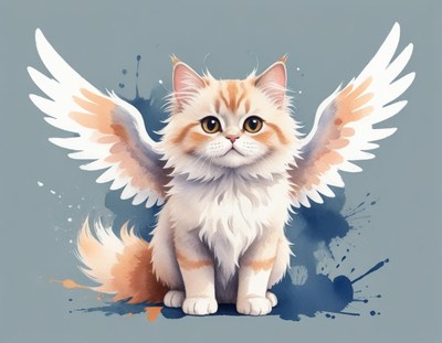 Cute winged cat with fluffy fur and playful expression