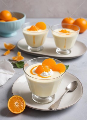 Delicious creamy dessert with orange slices on display