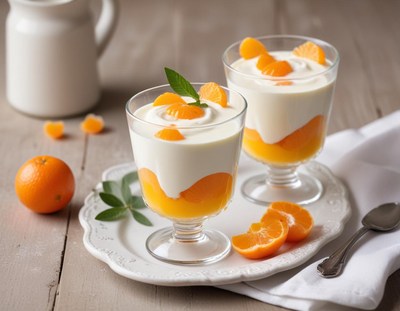 Fruit dessert with creamy topping and tangerines