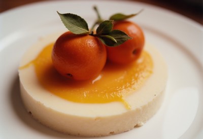Delicious dessert with orange topping on a white plate