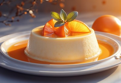 Delicious dessert served with citrus and caramel sauce