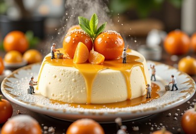 Creative dessert scene featuring mini chefs and tangerines